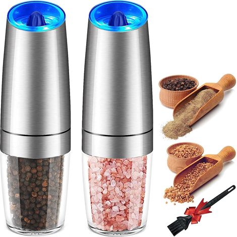 Ensemble moulin à sel et à poivre électrique, moulin à sel et à poivre automatique à gravité avec mouture réglable, alimenté par piles avec témoin lumineux LED. (1/5)