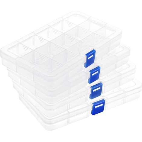 Lot de 4 Boite Rangement Plastique, 15 Compartiments, Séparateurs Réglables, PP Transparent, Artisanat Bijoux (1/5)