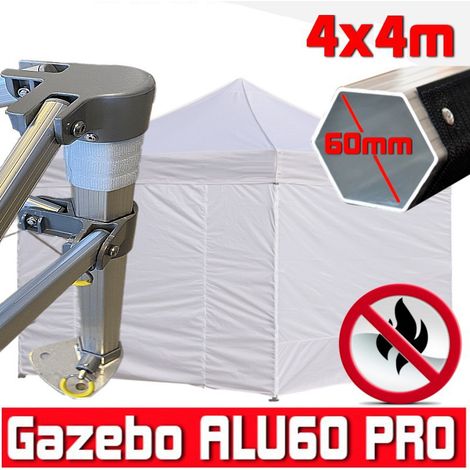 Gazebo 4x4 m bianco certificato IGNIFUGO pieghevole alluminio piantone esagonale 60mm portatile estendibile richiudibile estensibile acciaio con laterali per fiere eventi stand chiosco tenda tendone m (1/5)