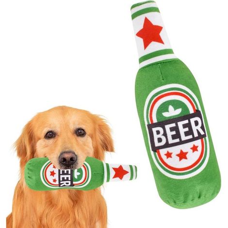 Jouet pour chien en peluche en forme de bouteille de bière avec une corde interactive qui couine. (1/5)