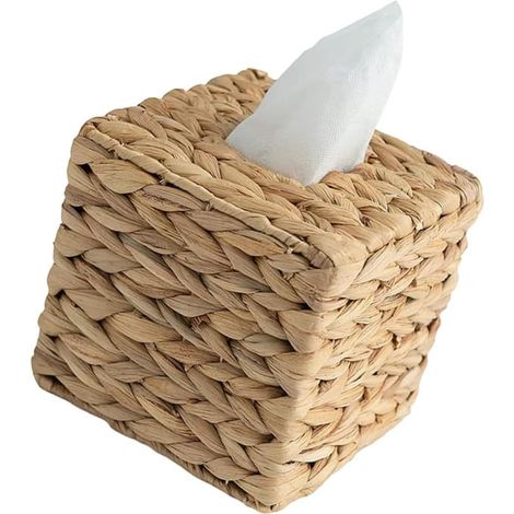Boîte à mouchoirs carrée artisanale en jacinthe d'eau, une boîte de rangement naturelle pour la maison. (1/4)