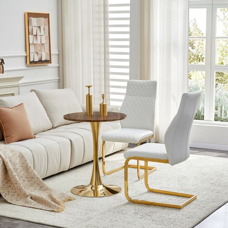 MEUBLIV Set tavolo rotondo 60 cm e 2 sedie bianche e oro effetto trapuntato (1/5)
