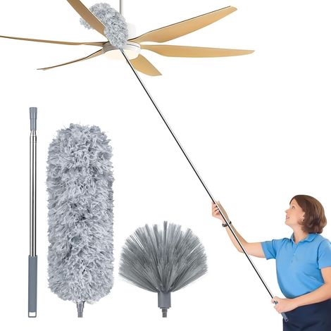 Teleskop Staubwedel ausziehbar bis 254cm, waschbar, für hohe Decken & Spinnenweben (3 Stück, Grau) (1/4)