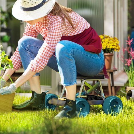 Siège de jardin pour désherber planter vert foncé à outils sur roues tabouret de jardinage plateau 50 x 49 x 32 cm style élégant (1/4)
