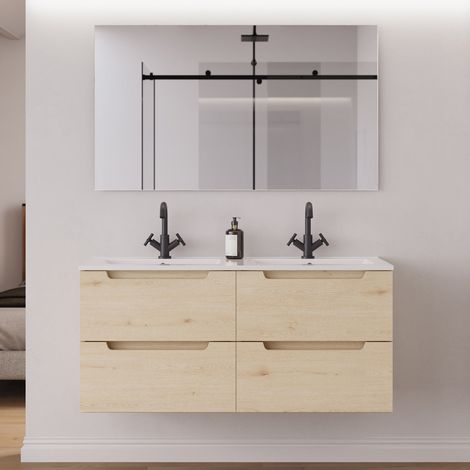 Meuble de salle de bain 120cm double vasque - 4 tiroirs - roble calima (bois clair) - SONRIZA (1/5)