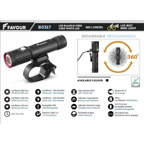 Favour Bike Torcia elettrica ricaricabile in alluminio Led bianco Cree 850 lumen nero con soporte 360º girevole B0317