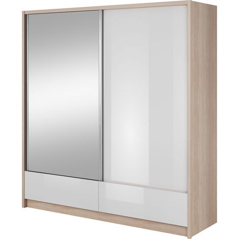 Armadio ARIA I 204 cm con 2 ante scorrevoli, cassettiera Rovere Sonoma / Bianco lucido
