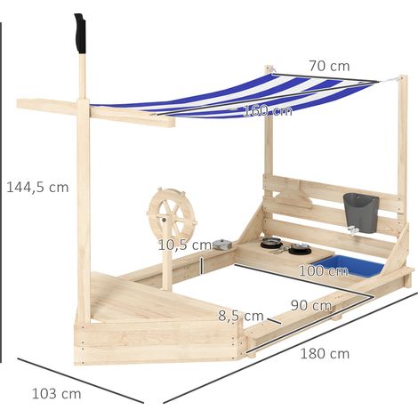 Bac à sable avec pare-soleil, motif bateau pirate, comprenant une cuisine pour enfants, en bois massif, 180 x 103 x 144,5 cm, naturel et bleu