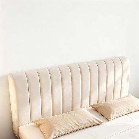 Tête de lit 200 cm, housse extensible, matelassée, beige, avec rembourrage, anti-poussière et lavable, antidérapante, pour lit à sommier tapissier, canapé, tissu en peluche de lait (1/5)