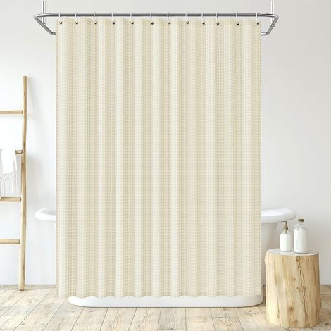 Rideau de douche gaufré, 180 x 200 cm, lavable, textile, polyester, avec 12 anneaux de rideau de douche, beige (1/5)