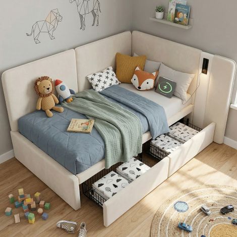 Lit simple 90x200 cm - avec tête de lit, lampe de lecture, USB, Type-C et sommier - en velours - beige - sans matelas (1/5)
