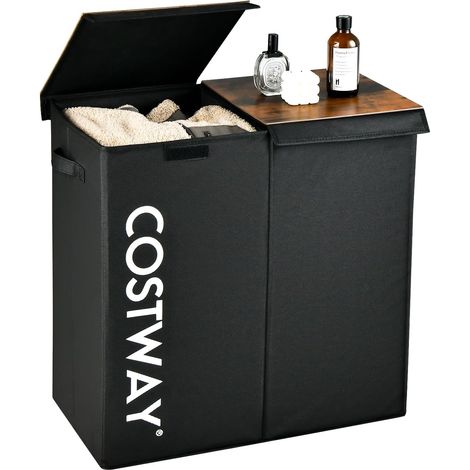 Goplus – Panier à linge 115 L – 2 compartiments – Couvercle et poignées – Tissu non tissé noir – Dimensions 62 x 31 x 60 cm – Poids 3 kg (1/5)