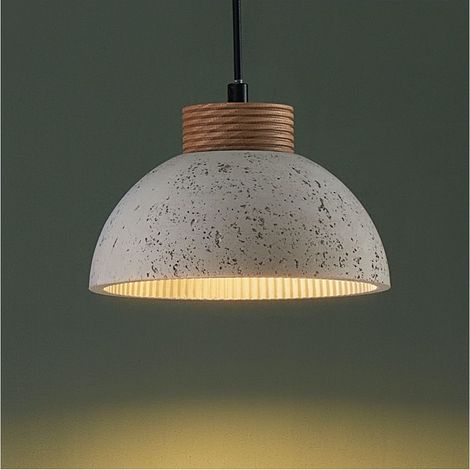 Kosilum – Suspension béton gris et bois – 20 cm de diamètre – Câble ajustable pour décoration industrielle – Ampoule à filament recommandée