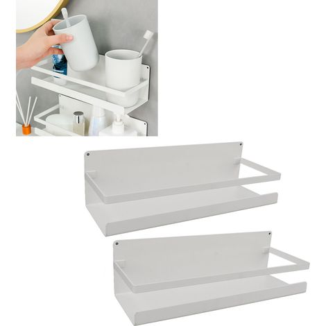 Badezimmerregal ohne Bohren, weißes Waschtischregal, magnetisches Wandregal mit Haken, weißer Rand. (1/5)