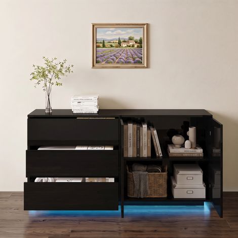Buffet 160 cm avec LED, Enfilade pour salon et salle à manger, Meuble d'appoint blanc laqué avec 3 tiroirs et 2 portes, Noir (1/5)
