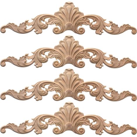 BEBUSINGOTO 4-teiliges dekoratives Holzleisten-Set, 20 x 5 cm, für die Dekoration von Holztüren, geschnitzte Rahmen, lange Applikationen, Eckverzierungen, unlackiert, für Küchenschränke.