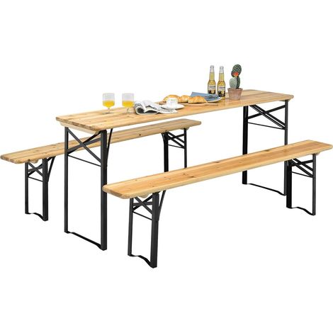 COSTWAY 3tlg. Bierzeltgarnitur klappbar, Picknicktisch mit 2 Sitzbänke, Massiv Tannenholz, Metallrahmen Campingtisch Set, 178 x 46 x 76cm (1/5)