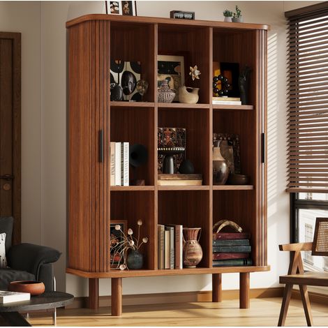 Armoire haute à porte à rideau, étagères réglables et niches ouvertes, marron foncé, OKMYHOME (1/5)