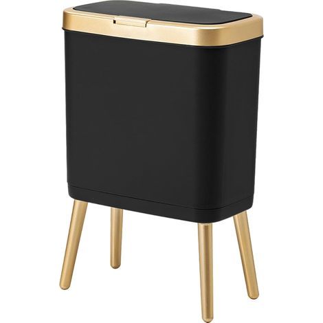 Poubelle avec couvercle, poubelle de salle de bain noire avec bord doré, poubelle moderne étroite avec pieds, poubelle fine pour salle de bain, 4 gallons (1/5)