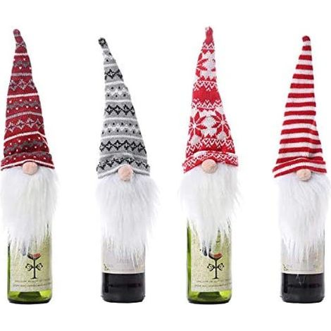Juego de 4 fundas para botellas, decoración de gnomo, tela de punto, imitación de lana, para vino y champán, fiesta de Navidad (1/5)