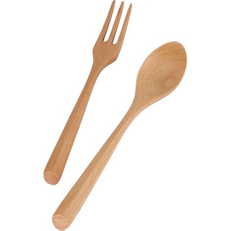 Ensemble cuillère et fourchette en bois naturel pour desserts, ustensiles de cuisine (cuillère et fourchette) (1/5)