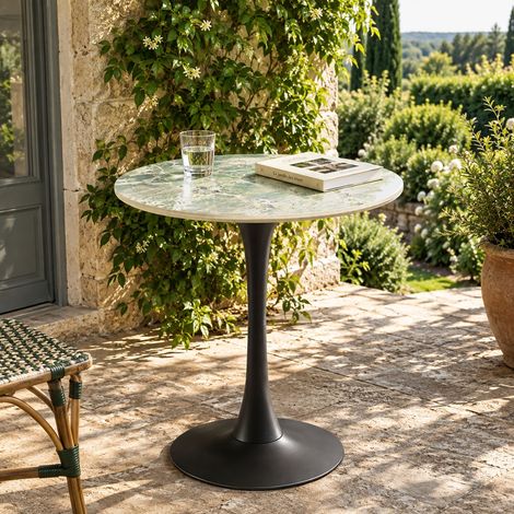 ICARE - Ensemble n°3: table bistrot D70cm en céramique marbré vert (1/5)