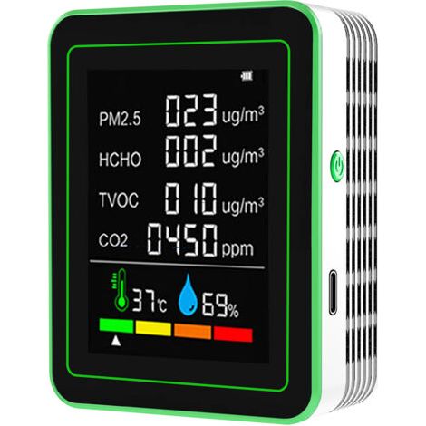 Testeur qualité air 6-en-1 portable, mesure CO2 température humidité PM2.5 HCHO TVOC, détecteur CO2 précis pour intérieur