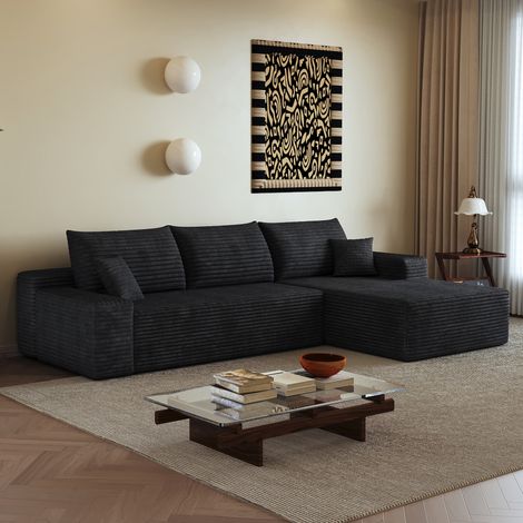 Sofá modular en L 270 cm negro de tela acanalada sin montaje con chaise longue reversible (1/5)