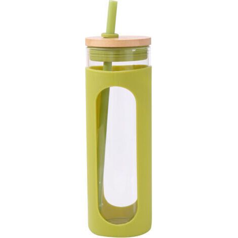 FENOPLASTICABouteille d'eau en verre avec paille en bambou et couvercle étanche - gobelet écologique avec manchon en silicone, adapté à la maison et aux voyages. (1/5)