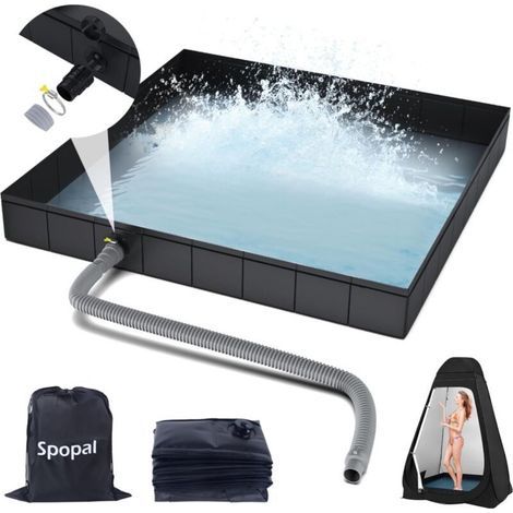 Pliable Base de Douche,[Pliable-104x104x13cm] Bac de Douche Portable,Base de Douche Pliable et Sol de Lavabo avec Tuyau de Vidange Amovible, pour Camping-Car, Extérieur, Intérieur (Noir) (1/5)
