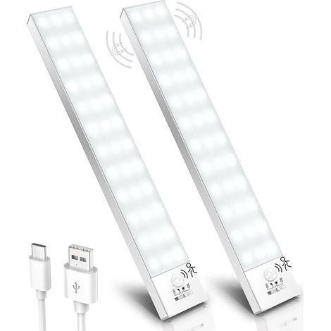 lumière blanche froide,2 Pack,Lampe de Placard, 5000K LED Cuisine Sous Meuble Detecteur de Mouvement 23CM 1000mAh 36 LEDs Lampe Aimantée Rechargeable USB Sans Fil pour Armoire Cuisine Veilleuse Escali (1/5)