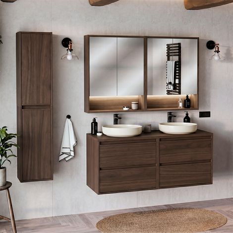 Doppelwaschbecken-Waschtischset 120cm Hochschrank und Spiegelschränke Edmé Dunkles Holz (1/5)