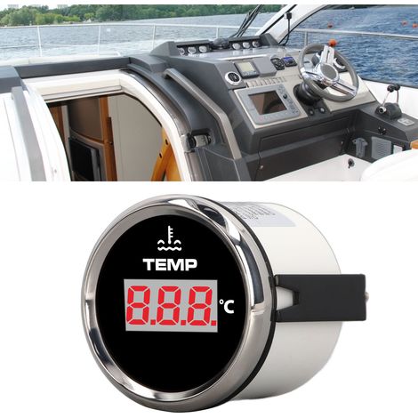 Jauge de température d'eau à affichage numérique de 52 mm avec rétroéclairage rouge, adaptée aux camping-cars, yachts et camions (fond noir avec cadre argenté). (1/5)