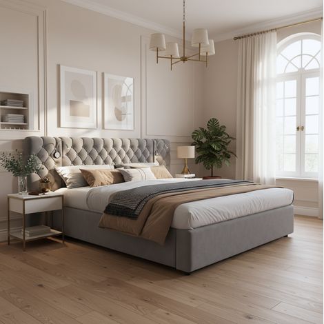 Cama tapizada 160x200 cm gris de terciopelo, con cabecero alto, somier de láminas y almacenaje hidráulico (1/5)