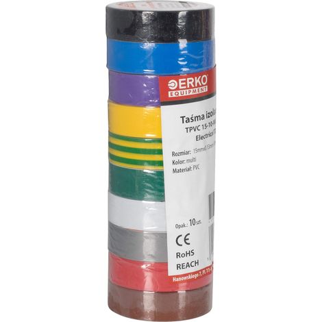 ERKO Nastro Isolante elettrico multicolore 15 mm x 10 m 10 Pezzi, PVC Per isolare, Riparare e legare, nastro adesivo, Per tensioni fino a 6 kv, elettrici professionali, flessibile (1/5)