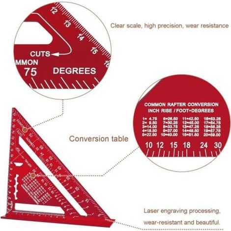 Équerre de mesure charpentier métrique impériale 7 pouces, alliage alu rouge, règle triangulaire épaissie 90° pour travail bois (1/4)