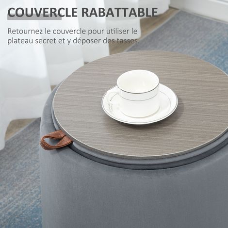 Pouf coffre velours givré couvercle réversible Ø44x47,5 cm gris