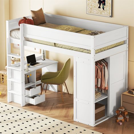 Hochbett 90x200 cm – vielseitiges Kinderbett – mit Schrank – Schreibtisch und Schubladen – Treppe – Lattenrost – Kiefer – Weiß