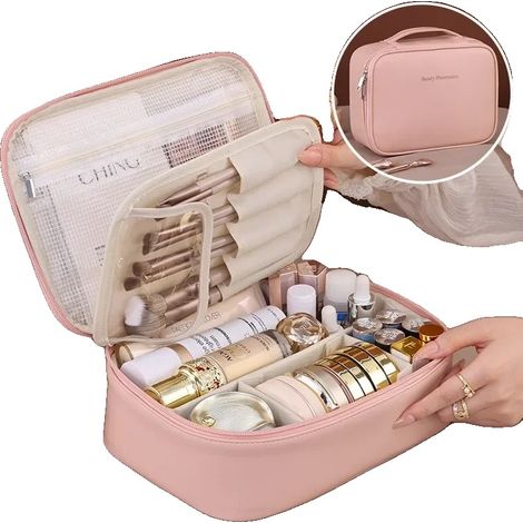 Organizador de maquillaje, diseño espacioso, material resistente, color rosa. (1/2)