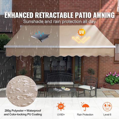 Store banne manuelle repliable 8 x 7 pieds, toile polyester antipluie terrasse jardin, abri soleil porte fenetre balcon cour avec manivelle (1/5)