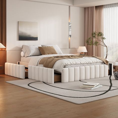 Letto con 4 cassetti 140x200 cm, rete a doghe, senza testiera, senza materasso, beige (1/5)