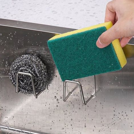Soporte para esponjas de fregadero - Soporte para paños de cocina - Organizador de fregadero - Cocina - Gancho de pared - Incluye tira adhesiva - 1 pieza - Acero inoxidable (1/5)