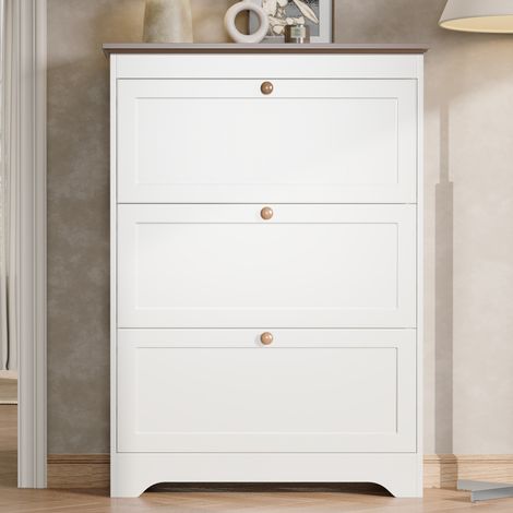 Schmaler Schuhschrank mit 3 Klappen, großer Stauraum, brauner Ablage, runden Holzgriffen, 87×26×120 cm LINHOO