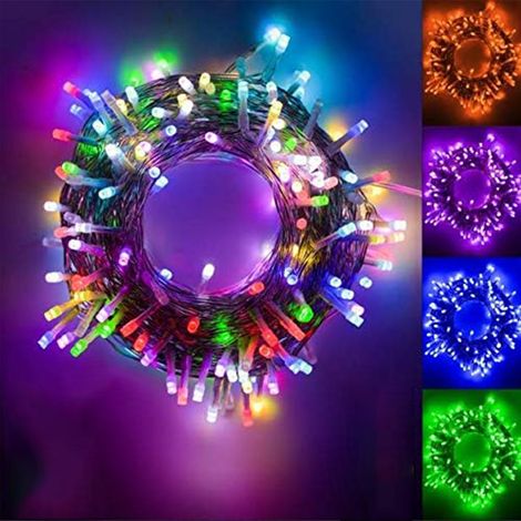 Guirlande lumineuse LED multicolore de 20 m, 200 LED, avec adaptateur secteur et prises (huit fonctions). Conforme aux normes européennes.