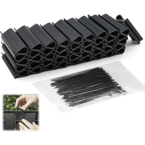 Lot de 50 clips de clôture en PVC résistants aux UV - Noir et 100 serre-câbles de 2,5 mm - Pour fixation de clôture de jardin, de clôture - Fixation de bandes brise-vue (1/5)
