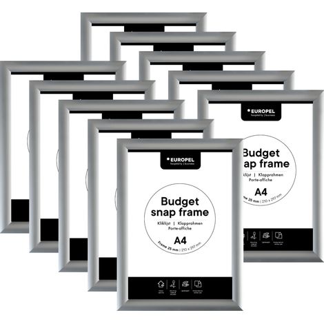 Europel Snap Frame Budget, confezione da 10 pezzi A4, 25 mm, profilo in alluminio anodizzato e clip di copertura antiriflesso per poster per vendita al dettaglio e pubblicità, bacheca per cartelli per (1/5)