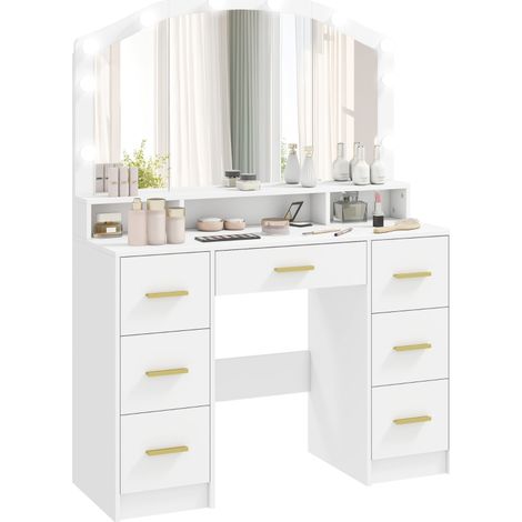 Coiffeuse Hollywood avec 10 lampes LED, miroir, 7 tiroirs et 3 compartiments en MDF blanc pour un maquillage parfait. (1/5)