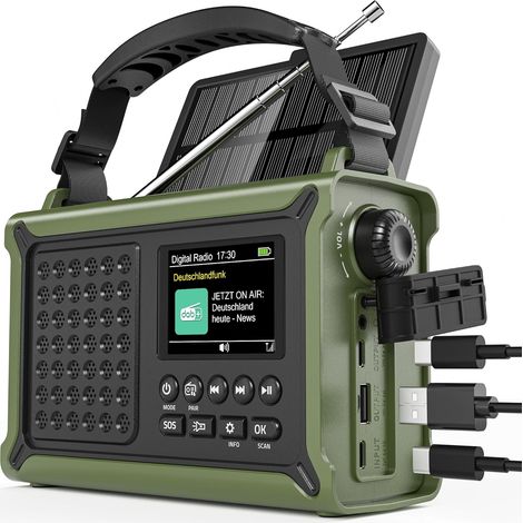 Radio à manivelle, radio d'urgence DAB/DAB+/FM, avec batterie 12 000 mAh, panneau solaire 8 500 mm² et manivelle 650 mA, radio solaire dynamo