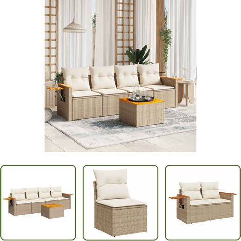 vidaXL Rattanmöbel - 5-tlg. Garten-Sofagarnitur mit Kissen Beige Poly Rattan (1/5)