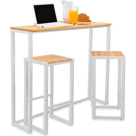 Conjunto Mesa Alta Eco-Line 118x30x110cm y 2 taburetes Blanco en madera maciza de pino acabado natural estilo Industrial Box Furniture